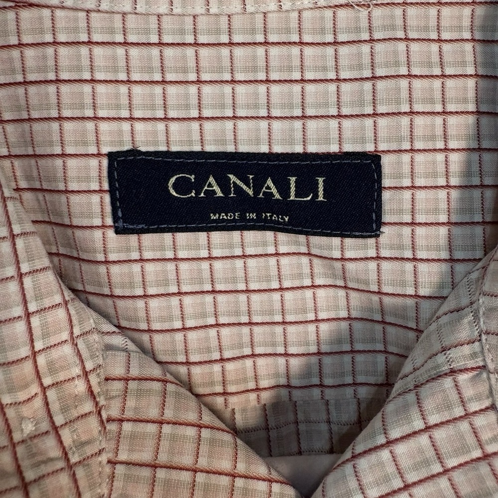 Canali Dress Shirt Mens Sz L (15.5/34) Burgundy Pink Micro Check Lightweight
